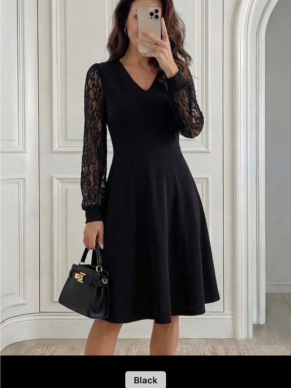 SHEIN Black V-Neck Lace Sleeve A-Line Dress